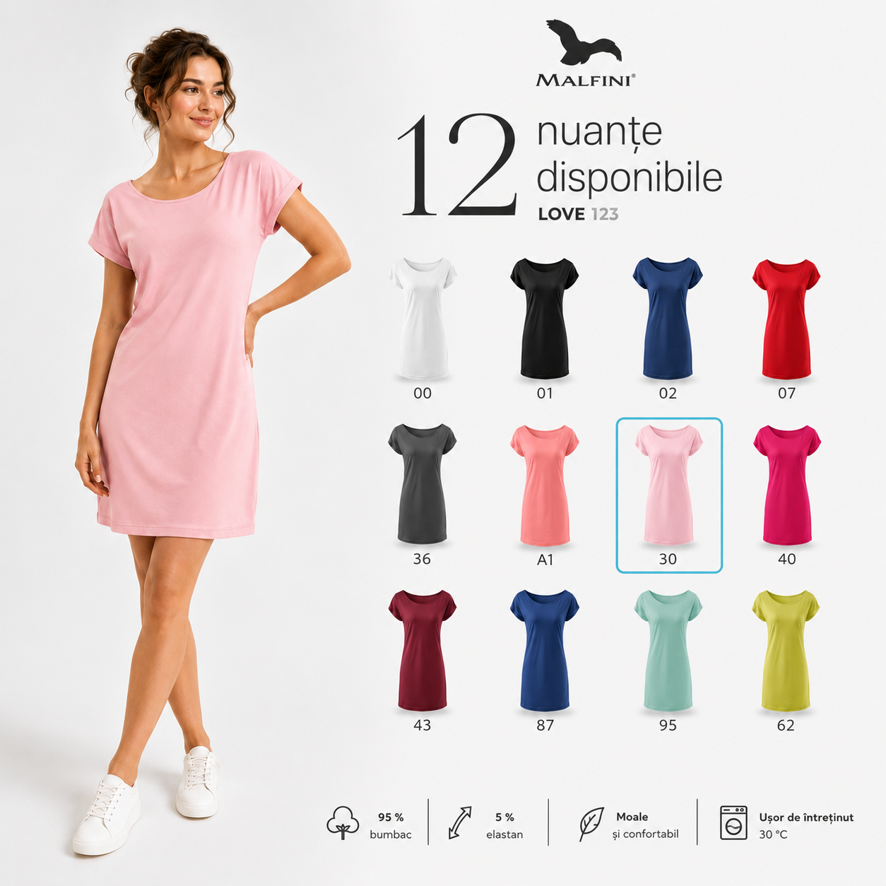 Detalii tricou rochie damă Malfini Love 123 guler tip barcă m&acirc;neci kimono cusături laterale